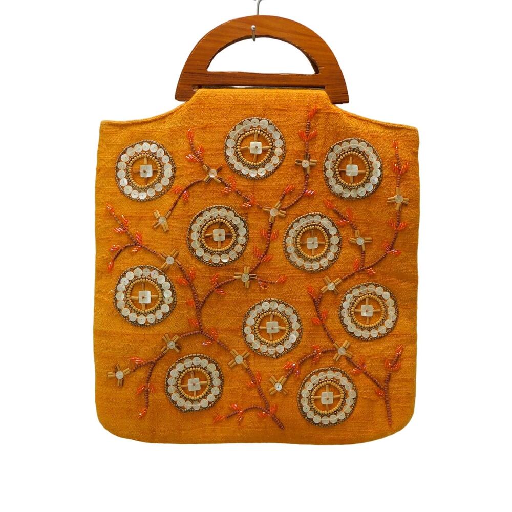 Moyna Silk Orange Purse with Beaded Design handbag with Wooden Handles